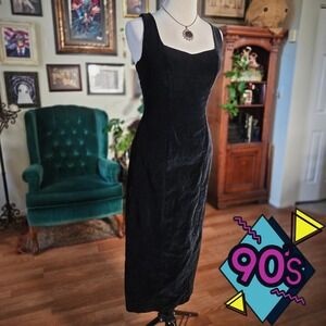 Vintage 90s Guess Black Velvet Midi Dress Sweetheart Neck Cotton Sheath